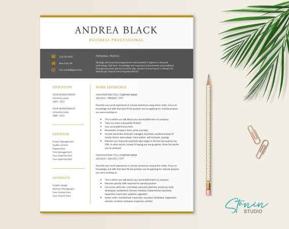 Resume Template, Resume Template Word, Modern Resume Design, Cover Letter Design, Resume Writing Tips, Black and Gold, CV Template