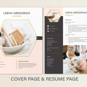May include: A two-page resume template for an esthetician named Leena Gregorian. The design features a white, black, and soft pink color scheme with a hexagonal photo frame containing spa items like soap and a brush, plus professional text.