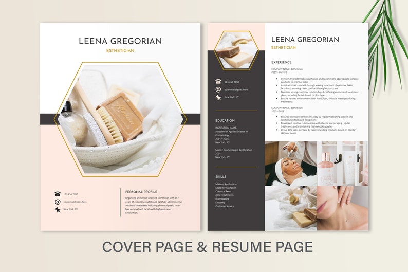 May include: A two-page resume template for an esthetician named Leena Gregorian. The design features a white, black, and soft pink color scheme with a hexagonal photo frame containing spa items like soap and a brush, plus professional text.