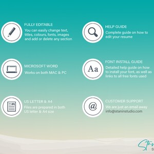 May include: A graphic with a turquoise background and white text describing the features of a resume template. The graphic includes icons for a pencil, magnifying glass, laptop, letter, and an at symbol. The text includes "Fully Editable", "Help Guide", "Microsoft Word", "US Letter & A4", "Font Install Guide", and "Customer Support".