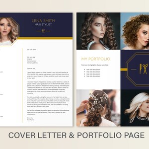 May include: A cover letter and portfolio page for a hair stylist named Lena Smith. The cover letter includes a reference list and a personal statement. The portfolio page features a photo of the stylist and a selection of her work.