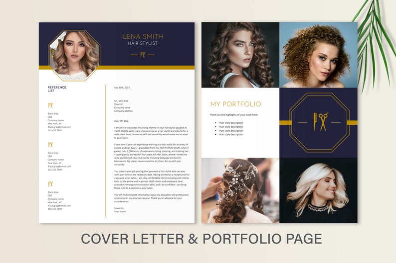 May include: A cover letter and portfolio page for a hair stylist named Lena Smith. The cover letter includes a reference list and a personal statement. The portfolio page features a photo of the stylist and a selection of her work.