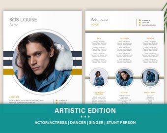 May include: A professional actor resume template featuring a white background with dark blue and gold horizontal accents. The layout includes a large circular headshot of a person with long dark hair wearing a blue denim jacket, contact details, and sections for film, television, theatre, education, and skills.