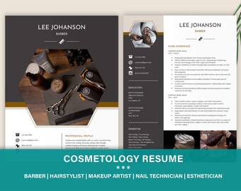May include: A two-page professional resume template for a barber named Lee Johanson. The design features a dark gray and white color scheme with gold accents, including a hexagonal photo frame containing barber tools and a headshot of a client.
