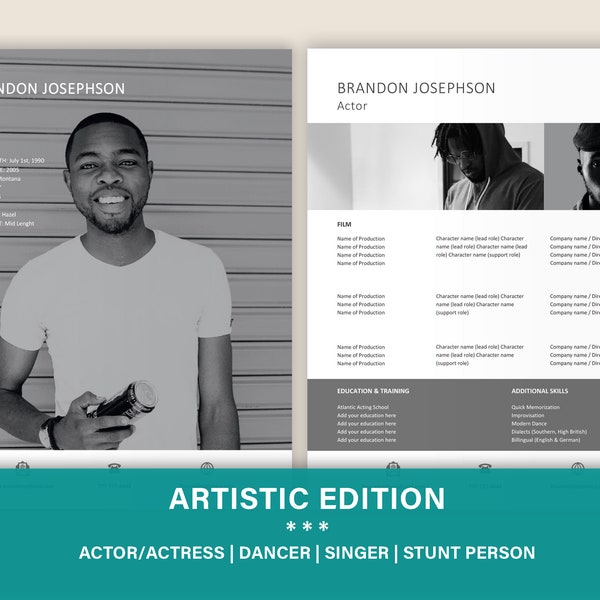 Artistic Resume Template for Actor/Actress, Designers, Photographers, Dancers and other Artists, Editable Resume Template Word, CV Design