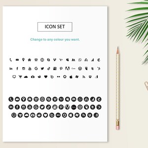 May include: A sheet of paper with the text "ICON SET" and "Change to any colour you want."  The paper contains a grid of black and white icons, including social media logos, phone, email, home, shopping cart, and more. The icons are shown in both a standard and a circular format.
