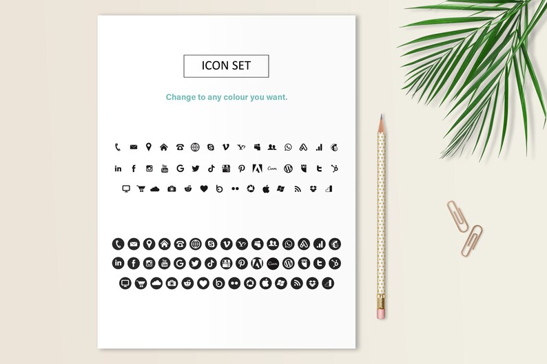 May include: A sheet of paper with the text "ICON SET" and "Change to any colour you want."  The paper contains a grid of black and white icons, including social media logos, phone, email, home, shopping cart, and more. The icons are shown in both a standard and a circular format.
