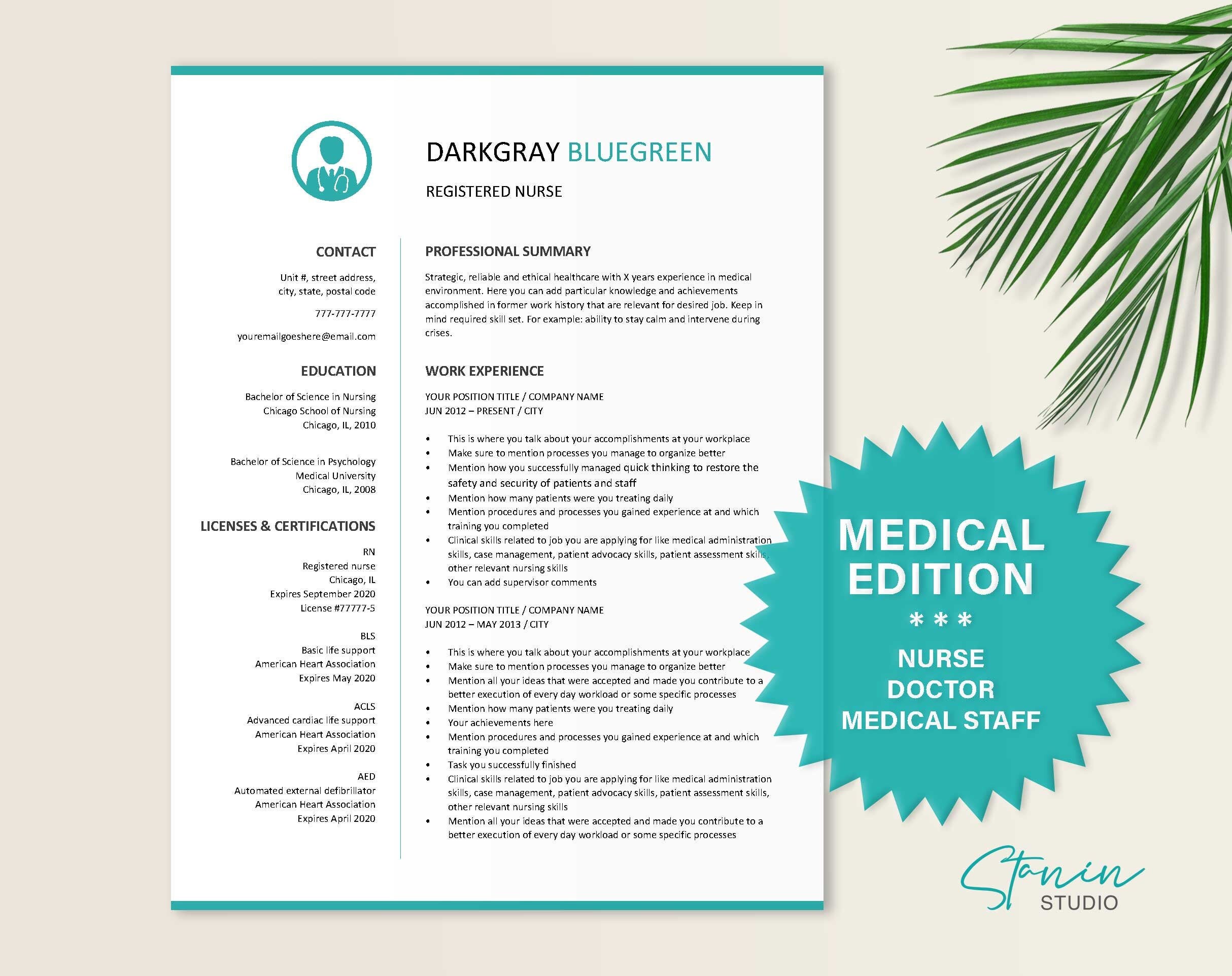  Nurse Resume Template For Word Resume Writing Tips Medical Etsy