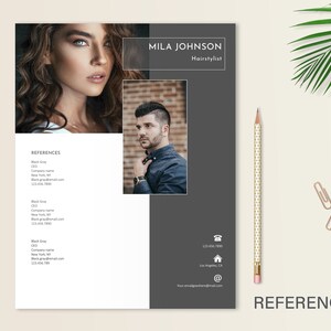 May include: A black and white business card with the name Mila Johnson and the title Hairstylist. The card also includes contact information, including a phone number, address, and email address.