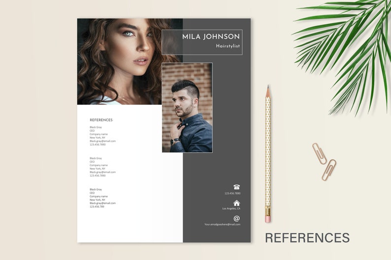 May include: A black and white business card with the name Mila Johnson and the title Hairstylist. The card also includes contact information, including a phone number, address, and email address.