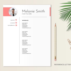 May include: A resume template with a pink header and a headshot of a woman. The resume includes contact information, a section for references, and the text "Melanie Smith" and "YOUR TITLE HERE".