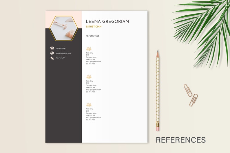 May include: A professional resume template featuring a dark gray sidebar with a hexagonal photo frame, contact icons, and a white main section listing references for Leena Gregorian, Esthetician. The document includes text fields for contact details.
