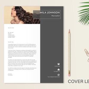 May include: A cover letter template for a hairstylist. The letter is written in a professional and modern style. The letter includes a photo of a woman with long, dark hair. The letter also includes contact information for the hairstylist.