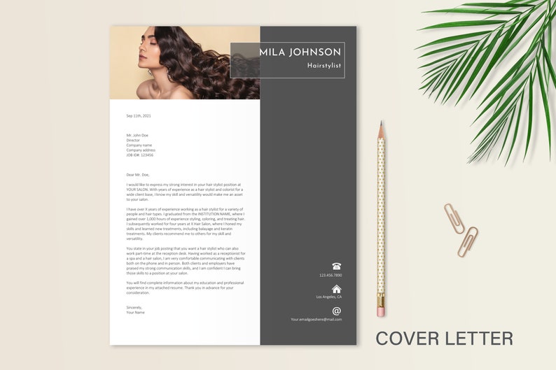 May include: A cover letter template for a hairstylist. The letter is written in a professional and modern style. The letter includes a photo of a woman with long, dark hair. The letter also includes contact information for the hairstylist.