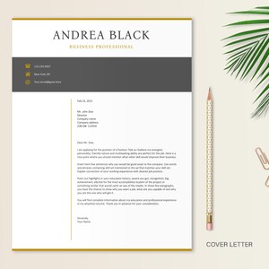 May include: A cover letter template with a gold border and gray background. The text reads "Andrea Black, Business Professional". The letter is addressed to "Mr. John Doe, Director, Company Name, Company Address, JOB ID: 123456".