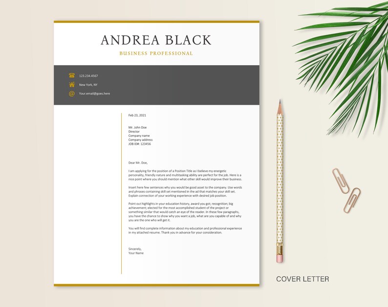 May include: A cover letter template with a gold border and gray background. The text reads "Andrea Black, Business Professional". The letter is addressed to "Mr. John Doe, Director, Company Name, Company Address, JOB ID: 123456".