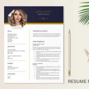 May include: A blue and gold resume template featuring a professional headshot of a woman. The resume details skills, education, awards, and work experience for a hair stylist named Lena Smith.