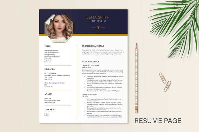 May include: A blue and gold resume template featuring a professional headshot of a woman. The resume details skills, education, awards, and work experience for a hair stylist named Lena Smith.