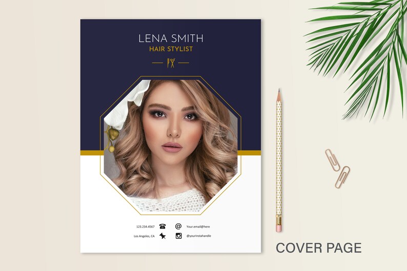 May include: A navy blue and gold business card featuring the text "Lena Smith Hair Stylist" and a photograph of a woman with long blonde hair. The card also includes contact details such as a phone number, email address, and social media handle.