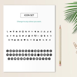 May include: A black and white image of a set of social media icons. The icons are arranged in two rows, with the top row showing the icons in their original form and the bottom row showing the icons in a circle. The text "ICON SET" and "Change to any colour you want." is at the top of the image.