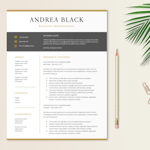 May include: A resume template with a gold border and a black and white design. The resume is for Andrea Black, a business professional. The resume includes sections for awards, languages, achievements, and experience.