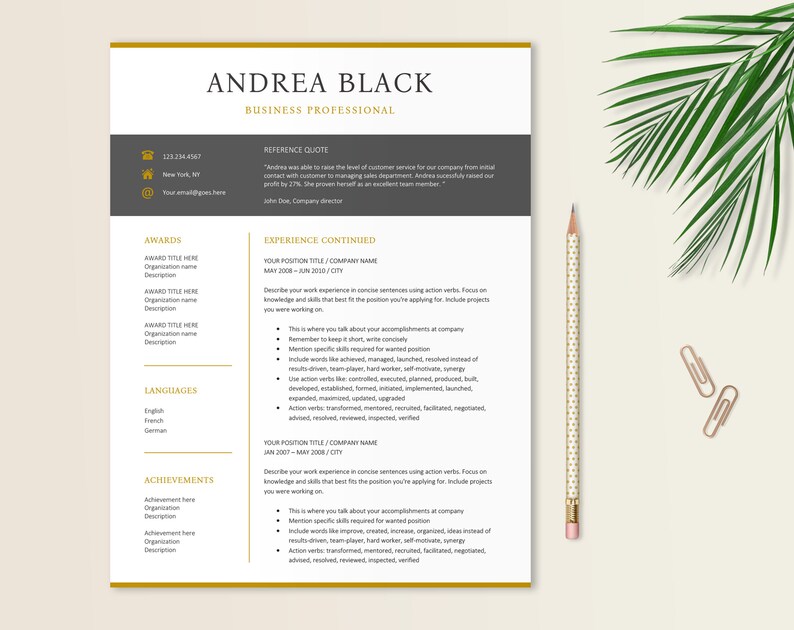 May include: A resume template with a gold border and a black and white design. The resume is for Andrea Black, a business professional. The resume includes sections for awards, languages, achievements, and experience.