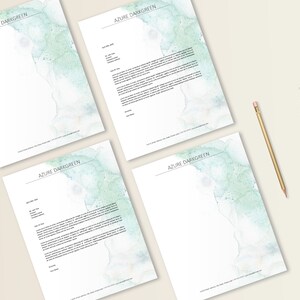 May include: Four blank letterhead templates with a watercolor design in shades of blue and green. The text "AZURE DARKGREEN" is printed at the top of each page.