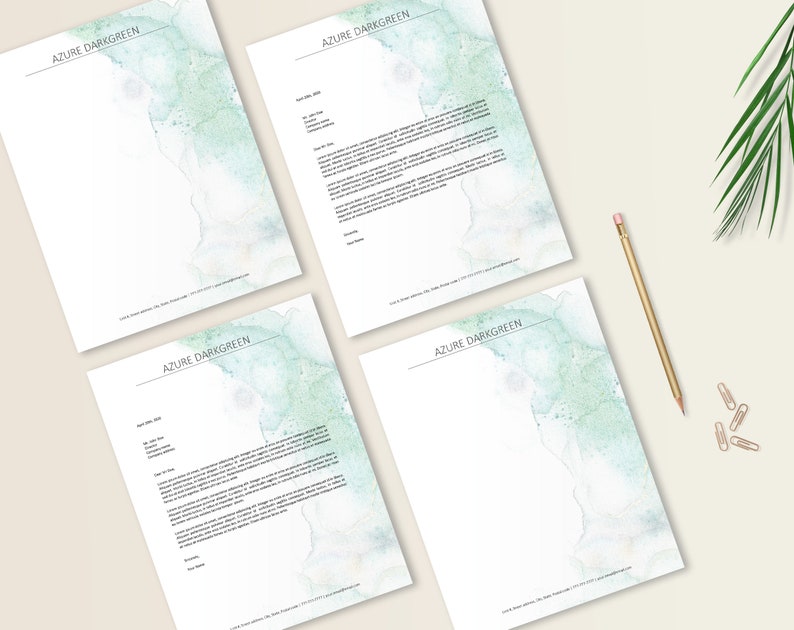 May include: Four blank letterhead templates with a watercolor design in shades of blue and green. The text "AZURE DARKGREEN" is printed at the top of each page.