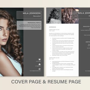 May include: A black and white resume template with a professional headshot of a woman with long brown hair. The resume includes a professional profile, experience, education and training, and additional skills sections. The text "MILA JOHNSON Hairstylist" appears at the top of the page.