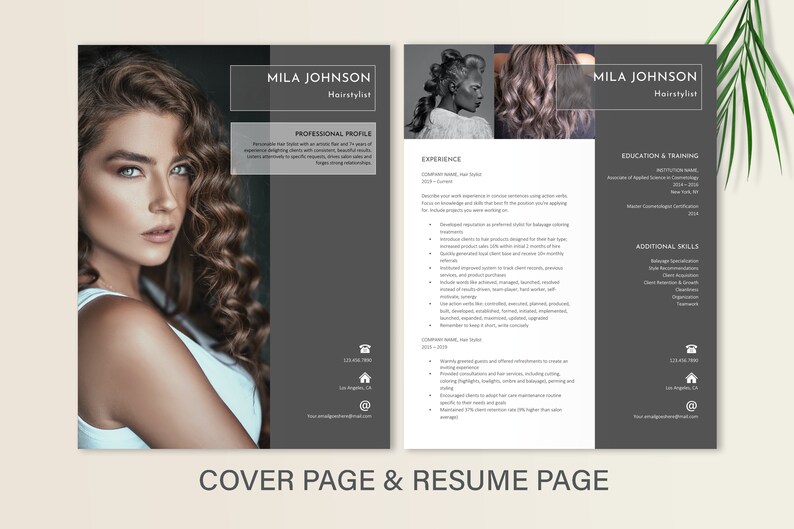 May include: A black and white resume template with a professional headshot of a woman with long brown hair. The resume includes a professional profile, experience, education and training, and additional skills sections. The text "MILA JOHNSON Hairstylist" appears at the top of the page.