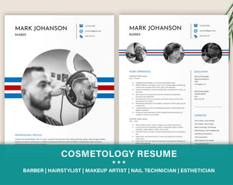 May include: A two-page professional resume template for a barber named Mark Johanson. The layout features a white background with blue and red horizontal stripes, circular black and white photos of hair cutting, and sections for work experience.