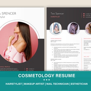 May include: A two-page professional resume template for a hairstylist named Tea Spencer. The design features a white and dark gray color scheme with pink accents, circular photo frames, and sections for work experience, education, and skills.
