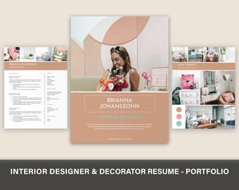 May include: A professional resume and portfolio template for an interior designer, featuring a soft peach and white color scheme. The layout includes sections for experience, skills, and education, alongside a large photo placeholder and project gallery.