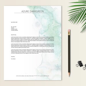 May include: A light blue and green watercolor background with a white text box. The text box contains a business letter template with the company name "AZURE DARKGREEN" at the top. The letter is addressed to "Mr. Doe" and includes the date "April 20th, 2020".
