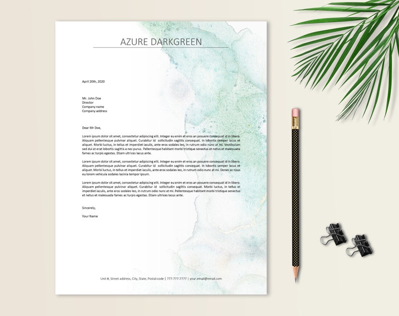May include: A light blue and green watercolor background with a white text box. The text box contains a business letter template with the company name "AZURE DARKGREEN" at the top. The letter is addressed to "Mr. Doe" and includes the date "April 20th, 2020".