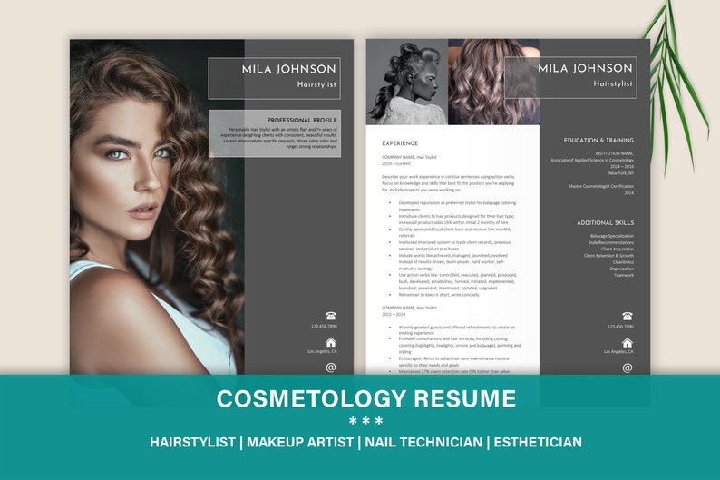 May include: A gray and white resume template with a photo of a woman with long curly hair. The resume is for a hairstylist, makeup artist, nail technician, and esthetician. The text on the resume includes the name Mila Johnson, Hairstylist, Professional Profile, Experience, Education & Training, and Additional Skills.