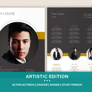 May include: A professional resume template for an actor named Tom Louise. The design features a headshot, contact information, and sections for film, television, and theater credits. The resume is in black, white, and gold.