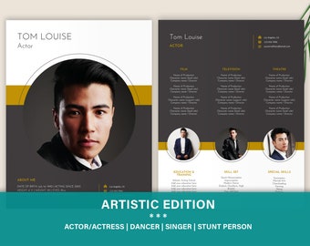 May include: A professional resume template for an actor named Tom Louise. The design features a headshot, contact information, and sections for film, television, and theater credits. The resume is in black, white, and gold.