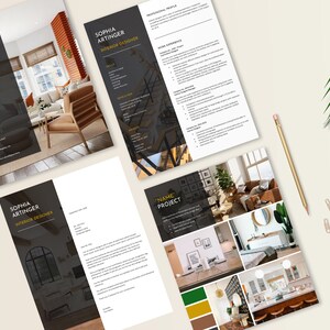 May include: A portfolio of interior design projects showcasing a range of rooms, including a living room, kitchen, and bathroom. The portfolio features photographs of the completed spaces, along with mood boards and colour palettes.