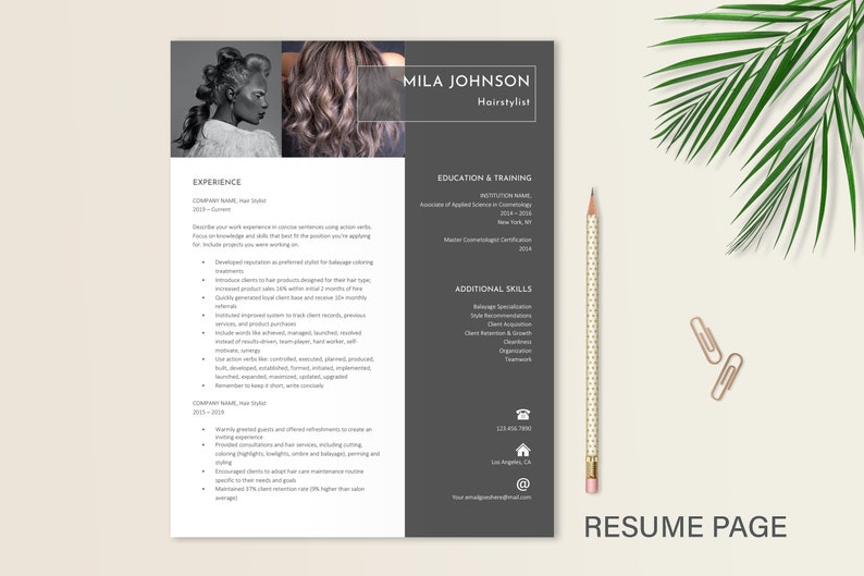 May include: A gray and white resume template with a professional headshot of a woman with curly hair. The resume includes the name Mila Johnson, Hairstylist, and sections for experience, education & training, and additional skills.