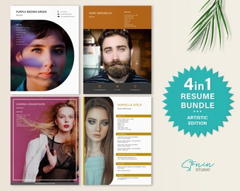 May include: A 4-in-1 resume bundle template set featuring four distinct layouts with portrait photographs of individuals, contact information sections, and professional details. A teal starburst graphic displays the text 4 in 1 RESUME BUNDLE ARTISTIC EDITION, and the Stanin Studio logo is visible in the bottom right corner.