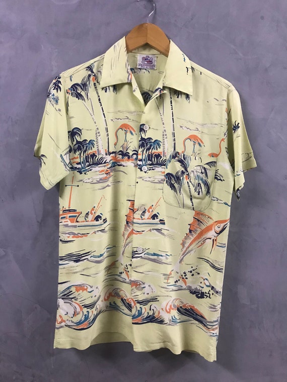 Chemise Hawaïenne Vintage Des Années 40 Pour Homme - Taille M, Coton, Motif Paisley Bleu