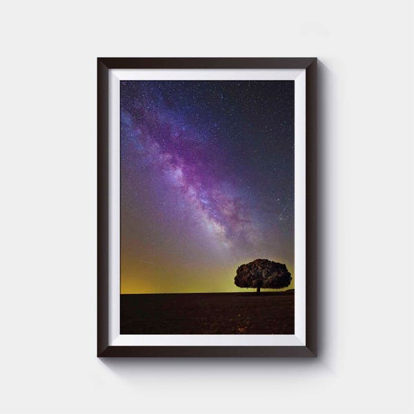 Celestial Galaxy Print Milkyway Galaxy with meteor and tree gold violet light blue sons birthday gift daughters birthday gift Astronomy gift