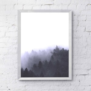 NORDIC FOREST PRINT | Foggy Forest Scandinavian | Indigo Print indigo tone pines emerging from white fog