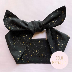 Black or Cream Stars Metallic Gold Foil Rifle Paper Floral Wide Hair Tie HeadBand Bow Band Tie Wrap Cute Retro Pin-Up Chic Fashion Accessory