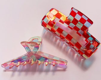 Shiny Red Pink Checkered Hair Claw Clip (2 colors available)