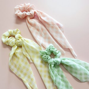 Summer Gingham Cottage-Core Chiffon Scrunchie Scarf | Women&#39;s Girl&#39;s Fashion Hair Accessories Ponytail Buns Top Knots