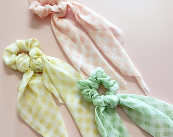 Summer Gingham Cottage-Core Chiffon Scrunchie Scarf | Women's Girl's Fashion Hair Accessories Ponytail Buns Top Knots
