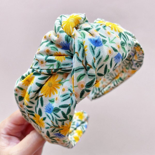 Spring Collection Metallic Yellow Blue Daisy Floral Non-Slip Top Knot Knotted Fabric Covered Headband | Cute Chic Fashion Hair Accessory