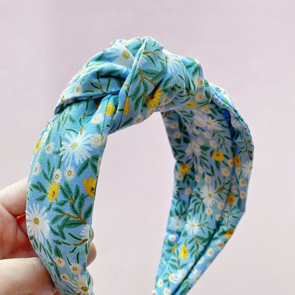 Spring Collection Metallic Blue Yellow Daisy Floral Non-Slip Top Knot Knotted Fabric Covered Headband | Cute Chic Fashion Hair Accessory